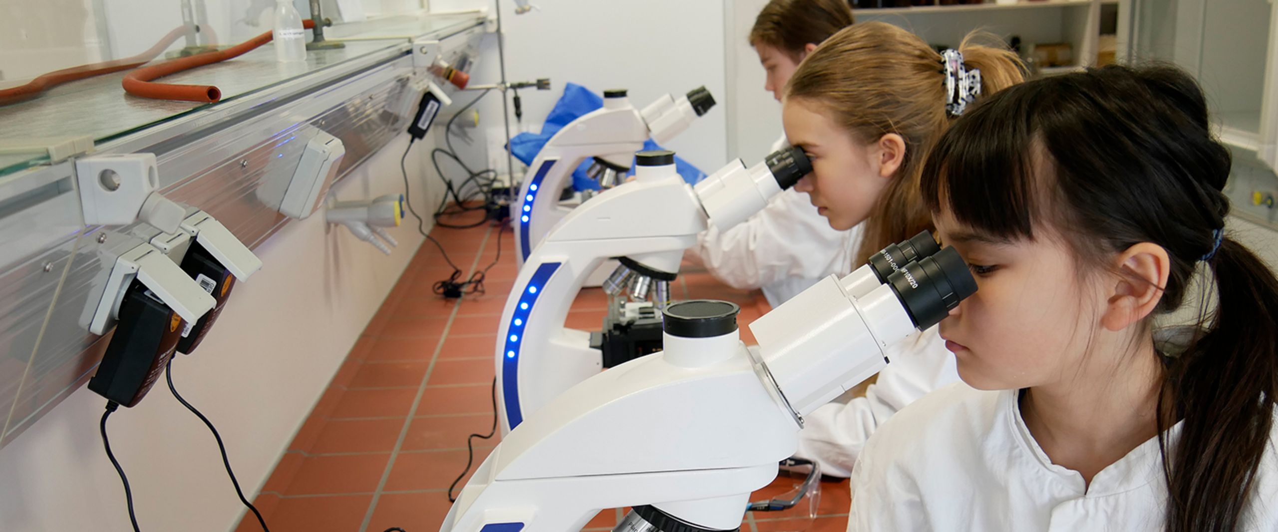 Drei M&auml;dchen sitzen an einem Tisch in einem Labor und bauen etwas mit kleinen R&auml;dern.