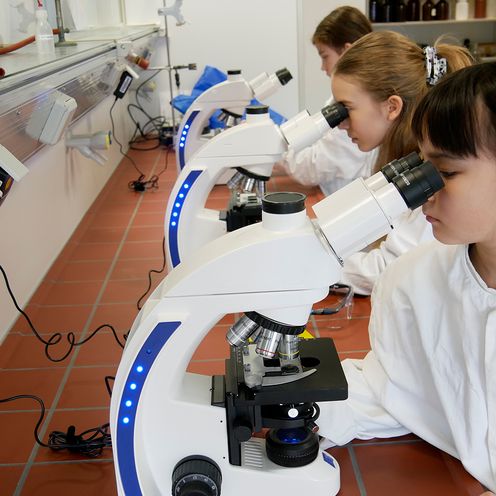 Drei M&auml;dchen sitzen an einem Tisch in einem Labor und bauen etwas mit kleinen R&auml;dern.