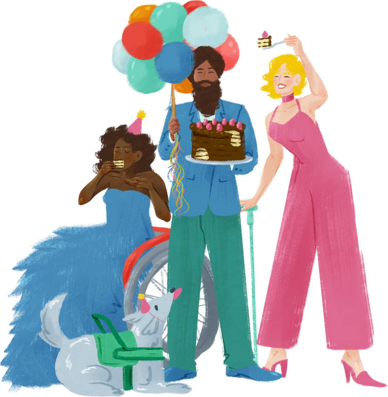 Eine Partysituation mit drei Personen: Eine weiblich gelesene POC trägt ein blaues Ballkleid und einen Partyhut, sitzt im Rollstuhl und isst Kuchen. Die Person in der Mitte ist eine männlich gelesene POC und trägt einen Turban und bunten Anzug. Er hält in der einen Hand eine Torte und in der anderen Luftballons. Rechts ist eine weiblich gelesene weiße Person in einem pinken Jumpsuit, Stilettos und mit einem Gehstock. Sie hält ein Stück Kuchen über dem Kopf. Auf dem Boden sitzt ein Assistenzhund mit Partyhut. 