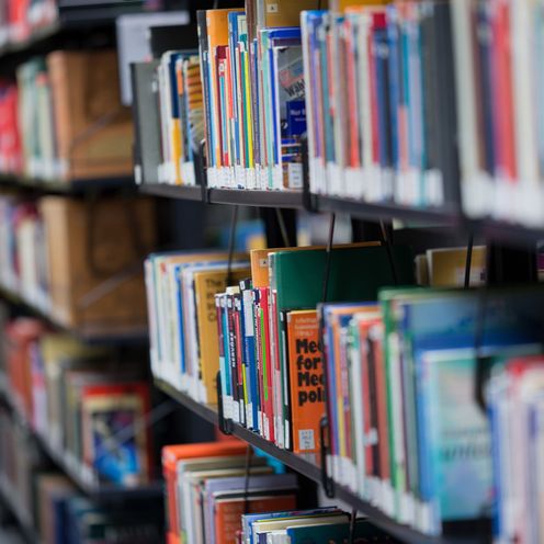 Eine Bücherwand in der Bibliothek.