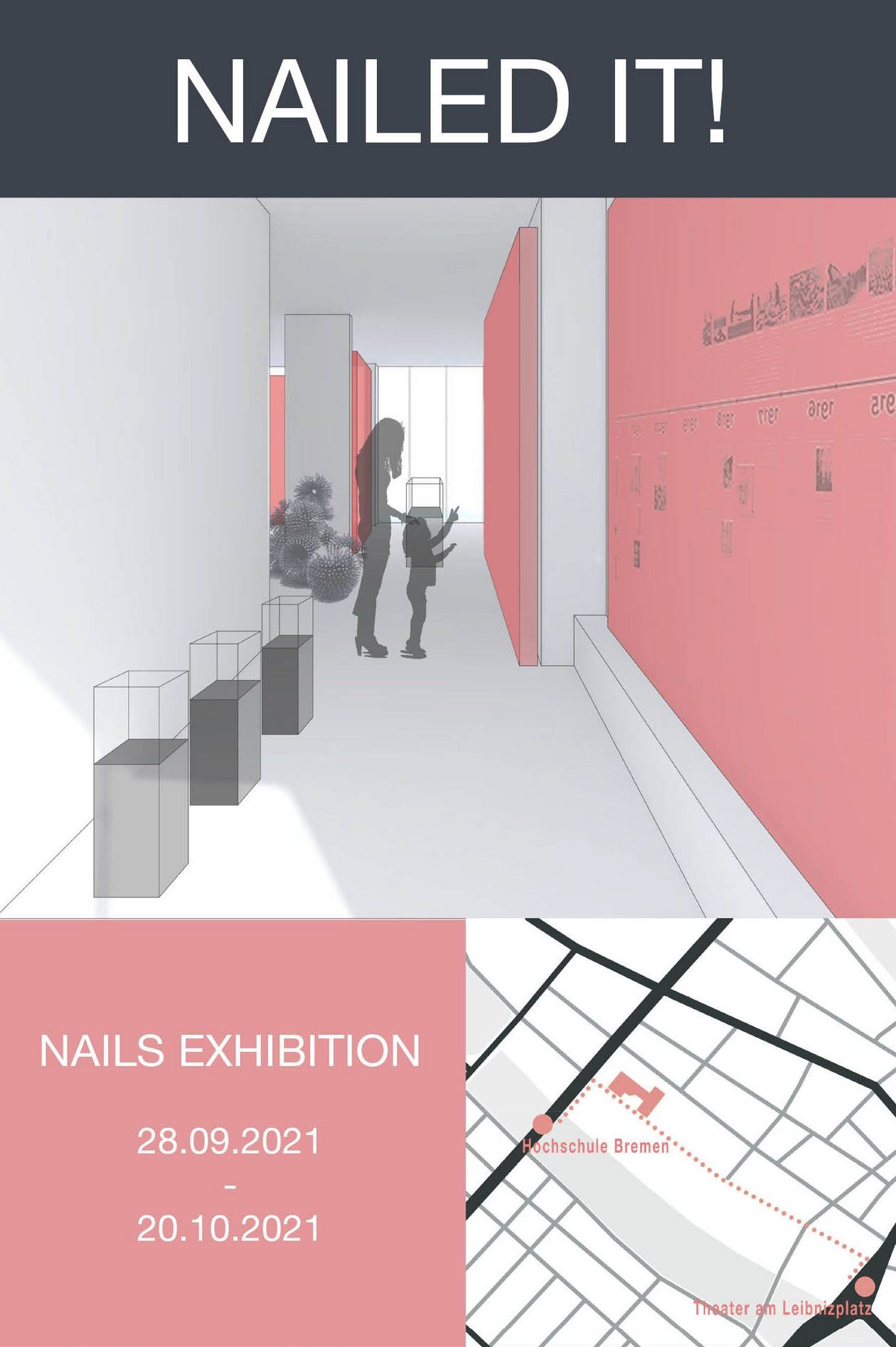 Vorderseite des Flyers von Nails Exhibition mit Datum und Wegbeschreibung.