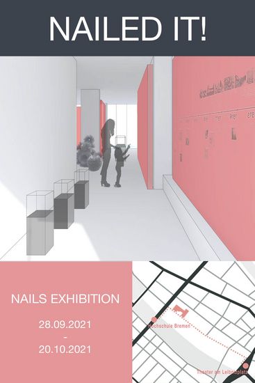 Vorderseite des Flyers von Nails Exhibition mit Datum und Wegbeschreibung.