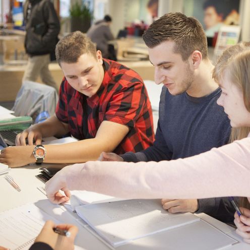 Eine Gruppe Studierender lernt gemeinsam in der Mensa.