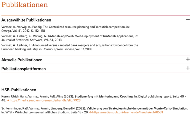 Screenshot eines Ausschnitts einer Kontaktseite auf der HSB-Website. Zu sehen sind verschiedene Varianten von Publikationslisten.