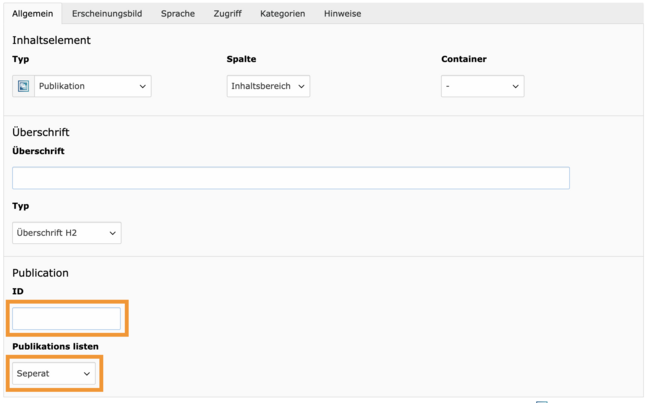 Ein Screenshot vom Inhaltselement Publikationslisten im TYPO3-Backend. Die Felder ID und Publikationslisten sind markiert.