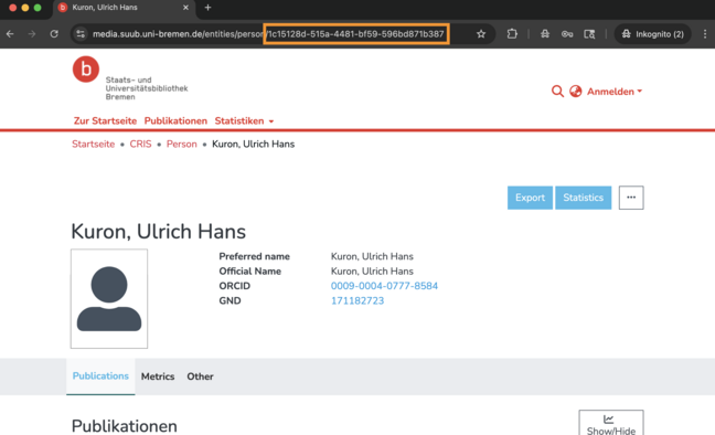 Screenshot Autorenprofil Ulrich Kuron auf dem MEDIA-Server der SuUB. In der Adresszeile des Browsers ist ein Teil der URL markiert.